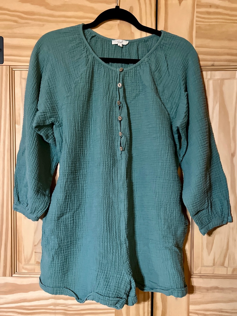 Easel Teal Button-Front Cotton Gauze Romper